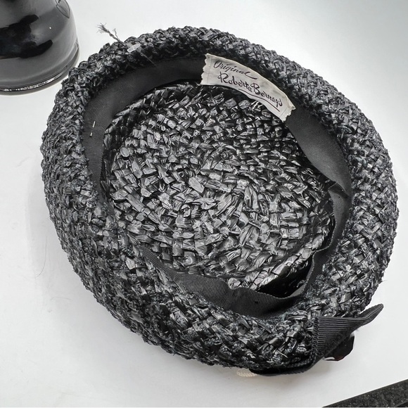 Vintage Roberta Bernay's pill box hat black woven ribbon button - Picture 8 of 8